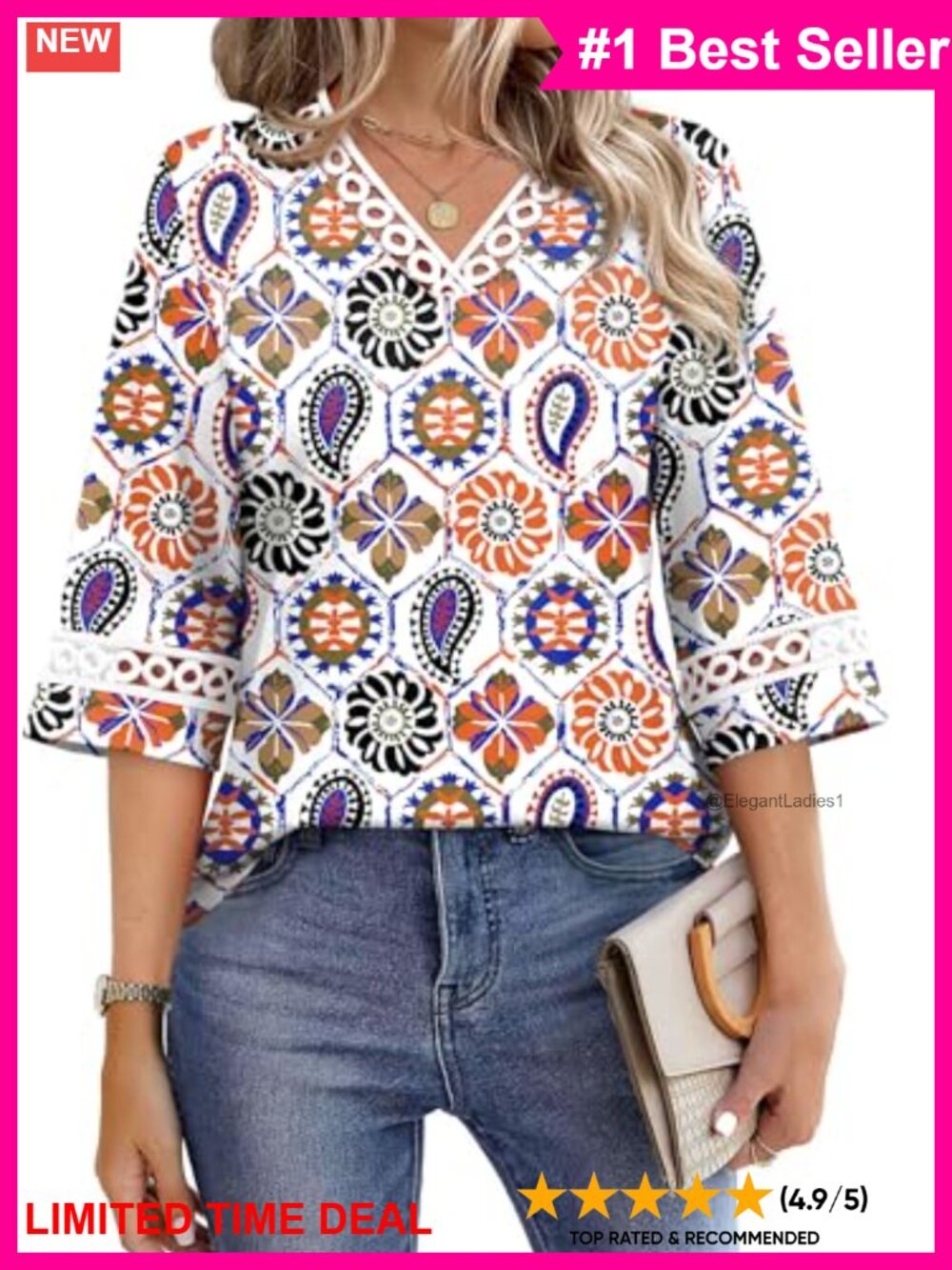 Womens V Neck Eyelet Lace 3/4 Bell Sleeve Blouse Loose Fit Dressy Casual Top